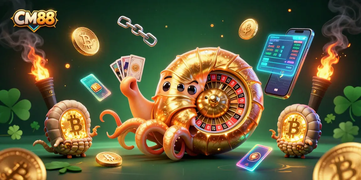 Engage with CM88 in a vibrant casino-themed illustration showcasing crypto elements and casino games.
