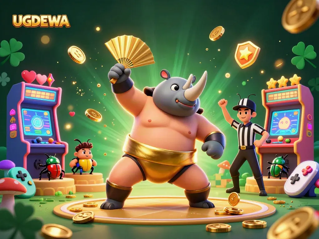 Play UGDEWA and win with a vibrant 3D casino-themed illustration featuring dynamic characters and gaming elements.