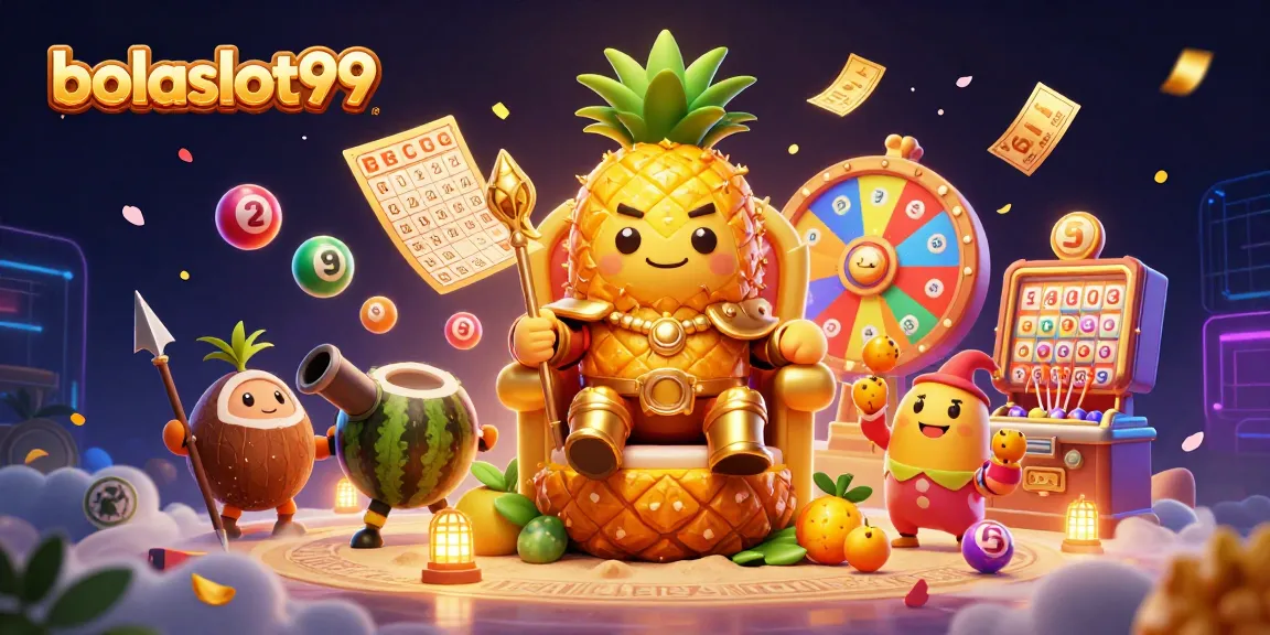 Bolaslot99 showcases vibrant lottery elements and a golden pineapple king in a dynamic casino scene.