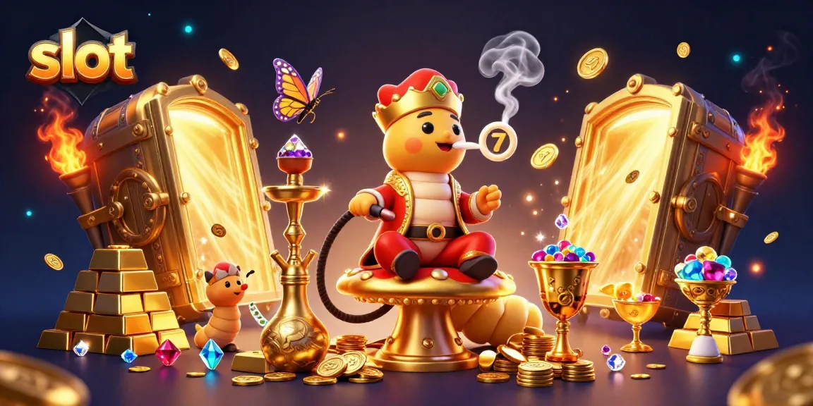 Spin the reels for slot games with a magical caterpillar and sparkling treasures in this vibrant casino illustration.