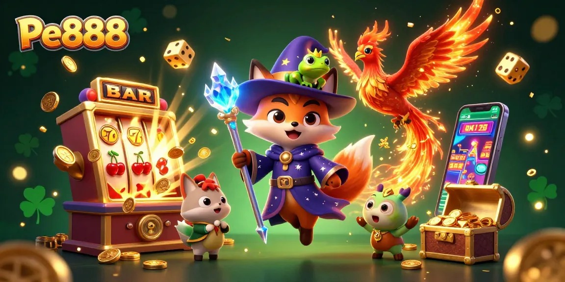 Engage in thrilling gaming adventures with Pe888, featuring a magical wizard fox beside a phoenix and slot machines