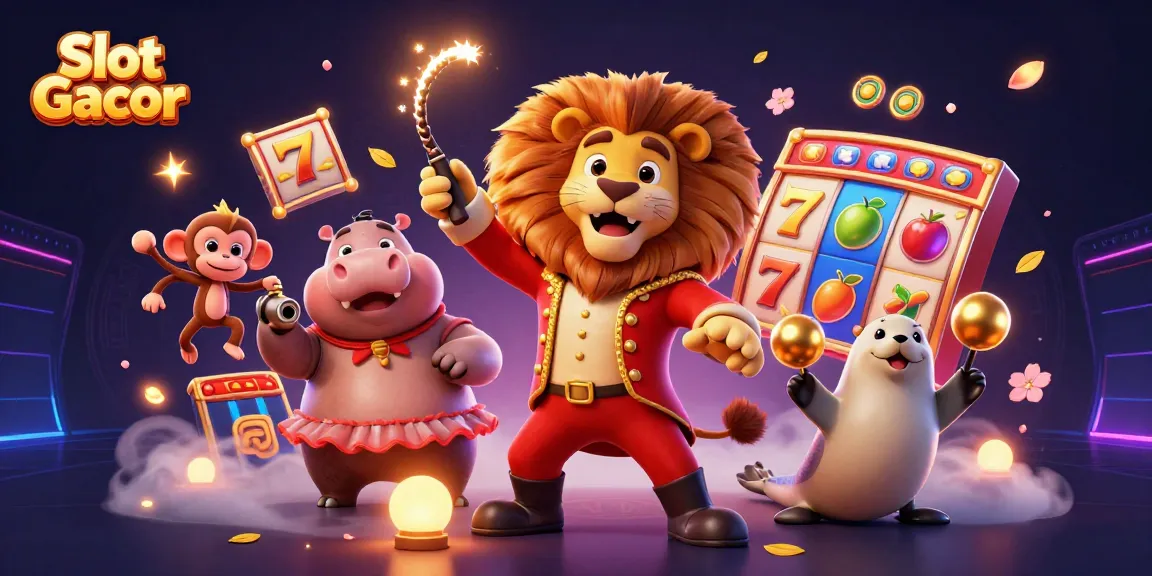 Join the excitement of Slot Gacor as colorful symbols and characters create a vibrant casino atmosphere.