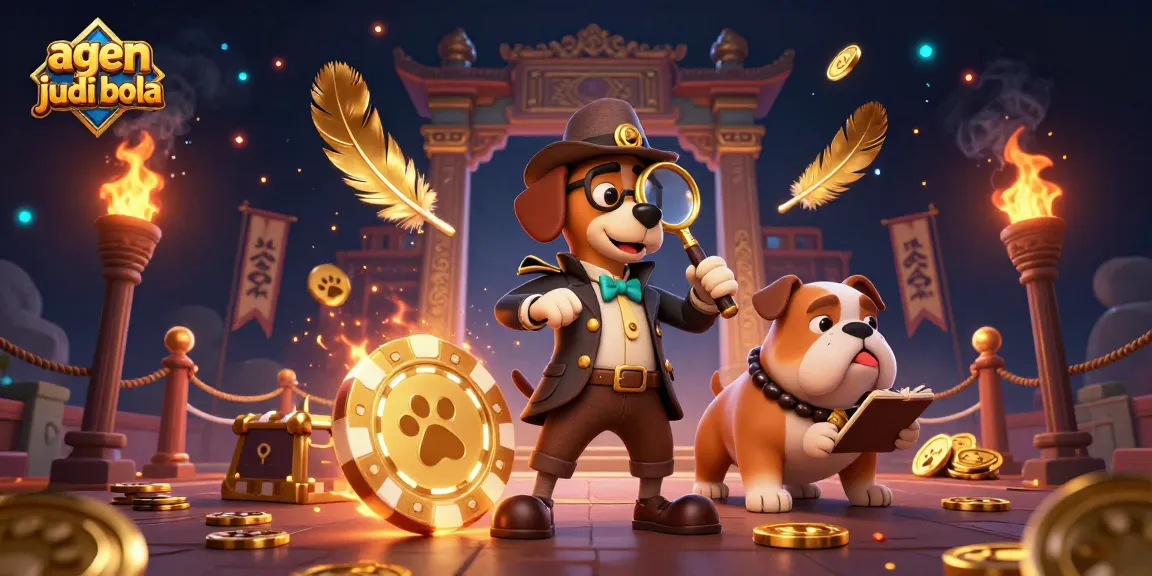 Engage in agen judi bola strategies with a cartoon detective investigating treasure clues in a vibrant casino setting.