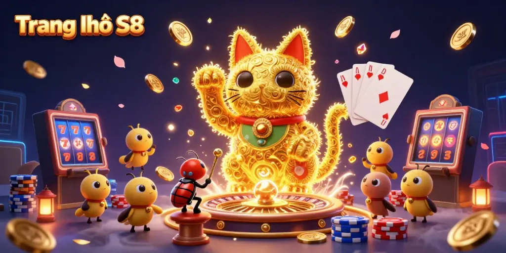 Win big at Trang Chủ S8 with a vibrant 3D illustration featuring a lucky cat and dynamic casino elements.