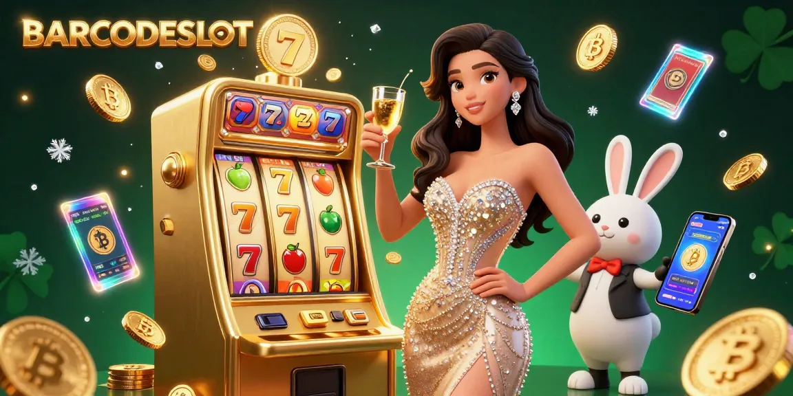 Engage with BARCODESLOT, where a glamorous woman celebrates a jackpot win with a bunny croupier amid vibrant casino elements.