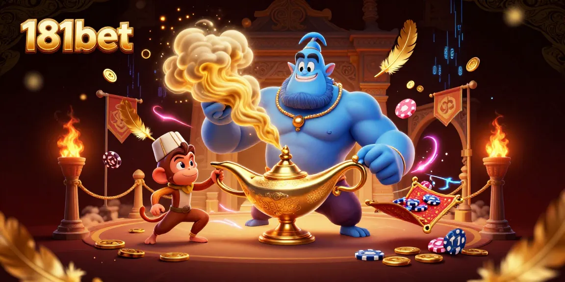 Engage with 181bet's vibrant casino adventure featuring a genie, poker chips, and swirling gold.