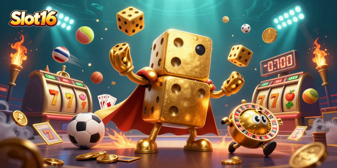 Experience the excitement of Slot16 with a captivating scene featuring iconic slot elements and lively characters.