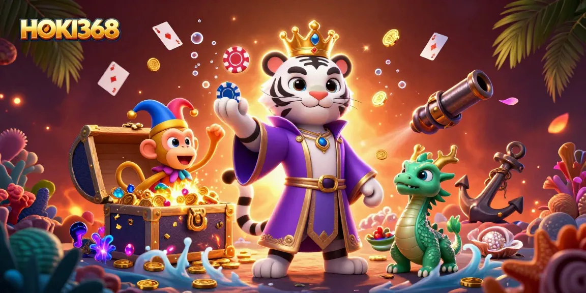 Engaging scene showcasing HOKI368 with playful tiger and monkey amid casino-themed underwater treasures.