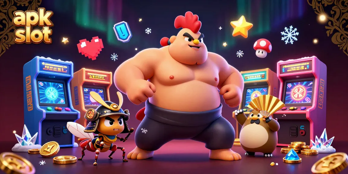 Bermain apk slot dengan seru, ayam sumo, dan serangga samurai di latar ceria.