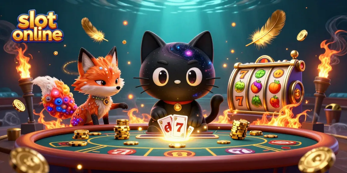 Menang dengan slot online dan simbol bertema kasino yang menari di sekitarnya.