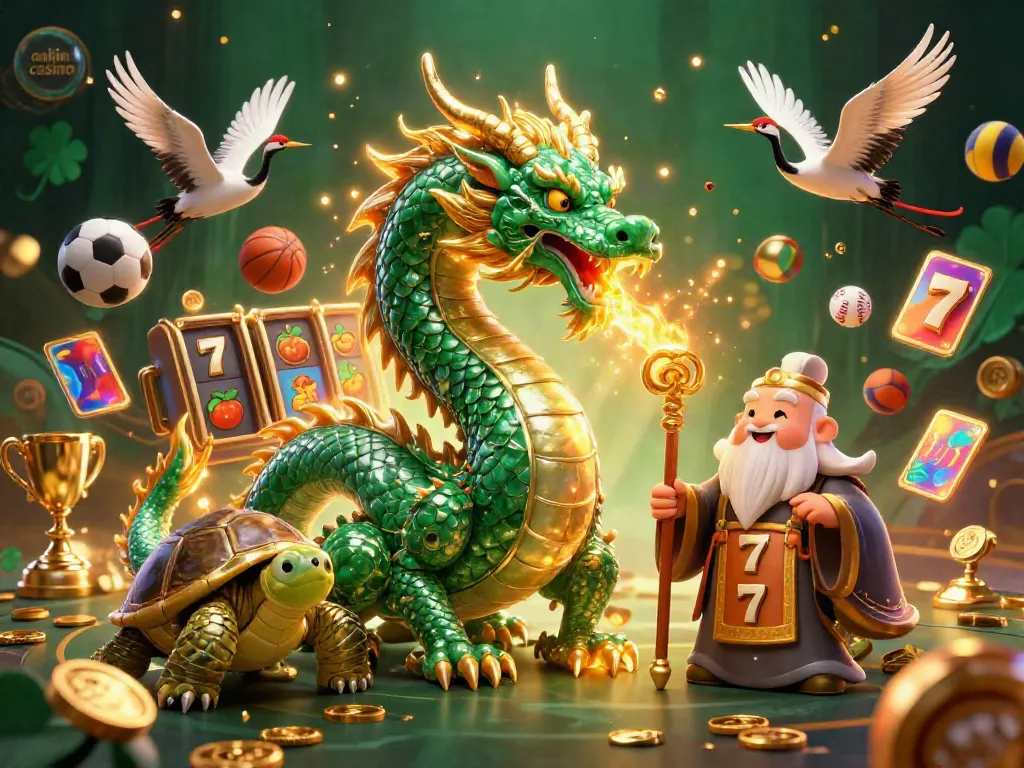 Experience thrilling slot games and fantasy with a dragon and sage in this vibrant online casino scene.