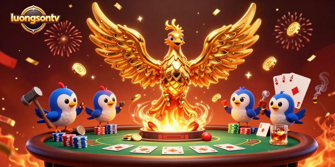 Experience thrilling victories with luongsontv in a vibrant gambling scene featuring a phoenix and poker elements.