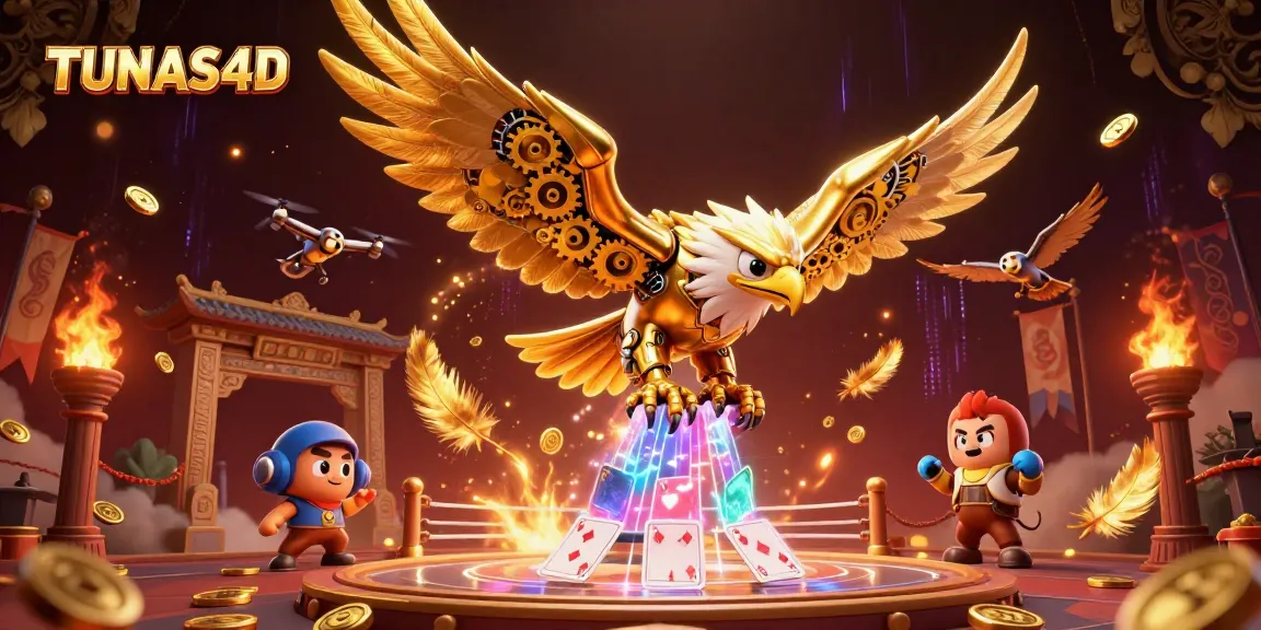TUNAS4D shines with a dynamic golden eagle amidst holographic cards and vibrant casino elements.