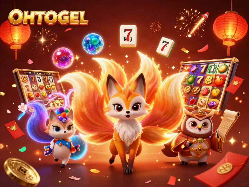 Gambarlah OHTOGEL dengan roh sembilan ekor dan simbol mesin slot bersinar.