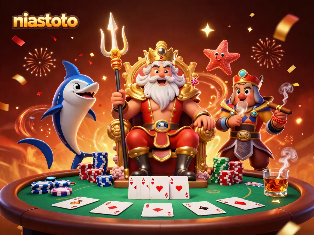 Experience the vibrant niastoto gaming scene with Neptune and friends at a lively poker table.