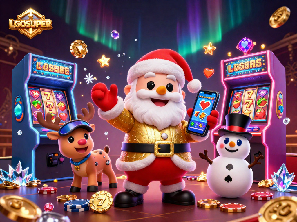 Experience the excitement of LGOSUPER with a vibrant casino scene featuring Santa, slot machines, and festive gaming elements.