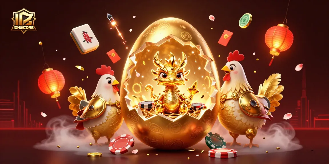 Experience the thrill of IDNSCORE with lively golden dragon, poker chips, and festive gambling elements.