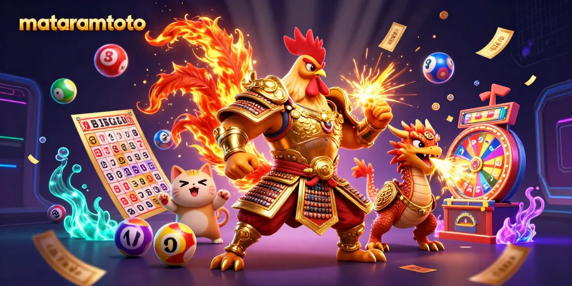 Mataramtoto mempersembahkan ilustrasi tiga dimensi imersif dengan karakter ayam petarung dan naga, meriah dengan bola lotere.