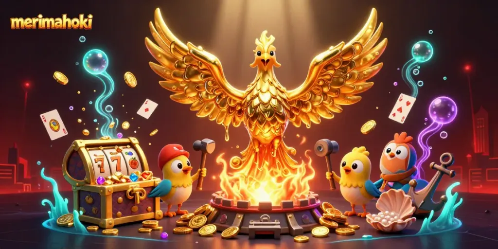 Gambarkan merimahoki dengan phoenix emas dan simbol slot dalam ilustrasi 3D yang menarik.