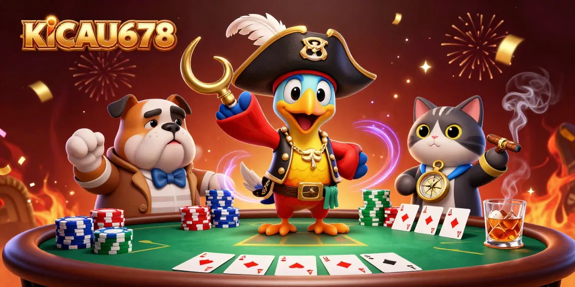KICAU678 brings excitement as pirate characters enjoy poker with vibrant confetti fireworks.