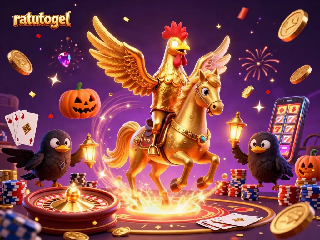 Engage in thrilling ratutogel gaming with the golden rooster and festive gaming elements.