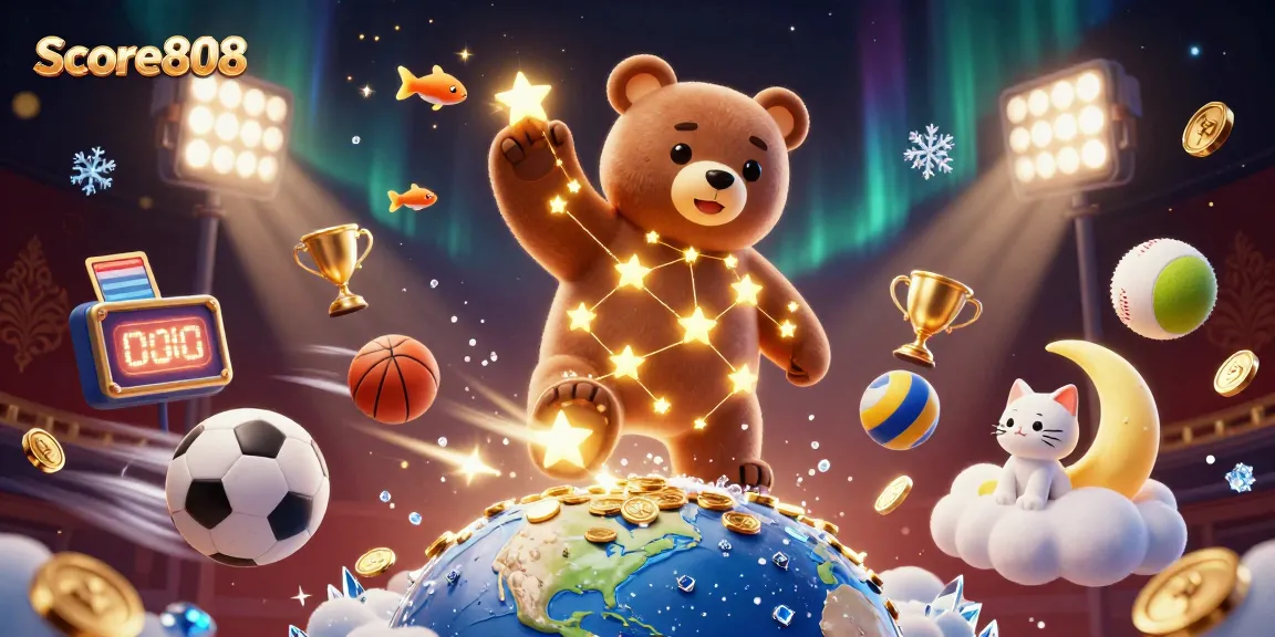 Score808 engages viewers with a vibrant 3D illustration of sports betting excitement amidst dynamic elements.