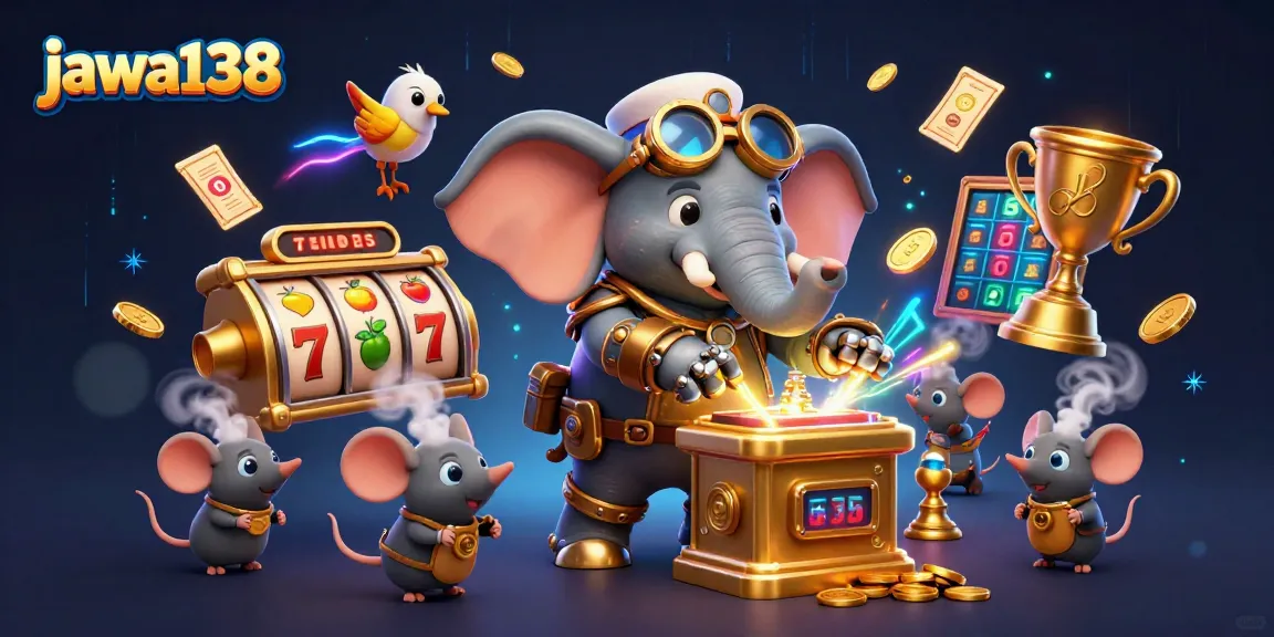 Win big at jawa138 with a cartoon steampunk elephant operating a golden slot machine.