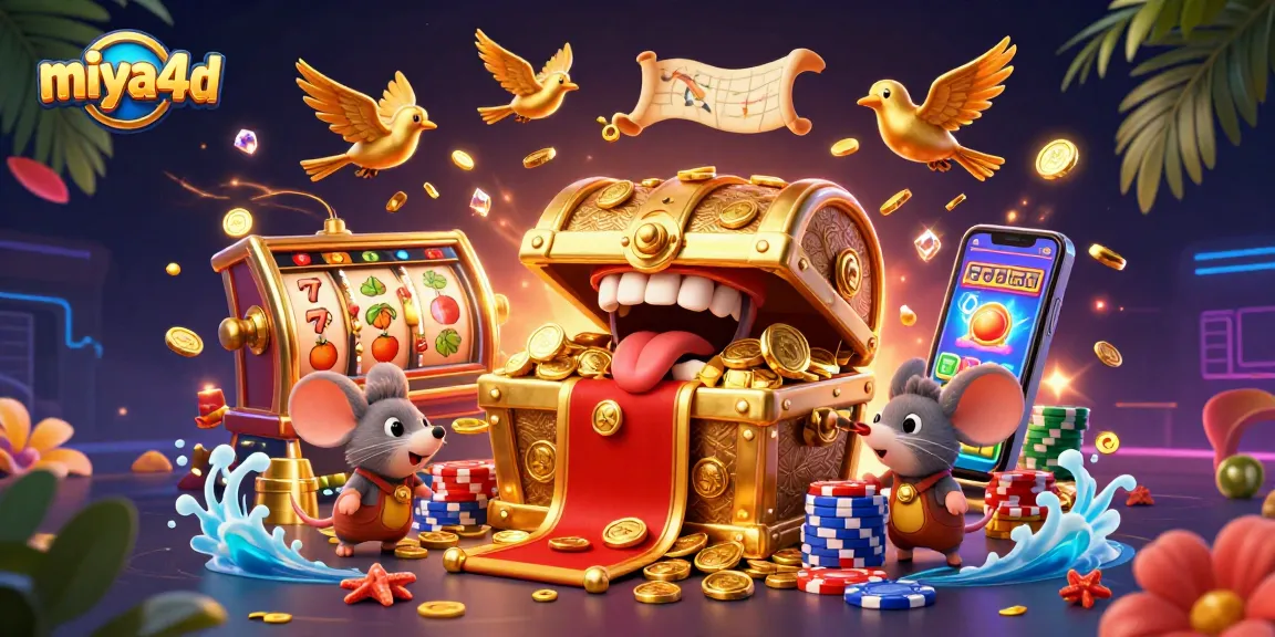 Miya4d captivates players with an inviting treasure chest and vibrant slot game elements.