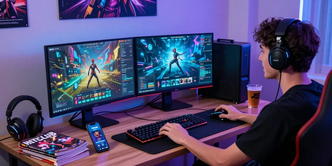 Excited gamer engaging with HITCLUB on dual monitors, vibrant gaming setup showcasing immersive experience.