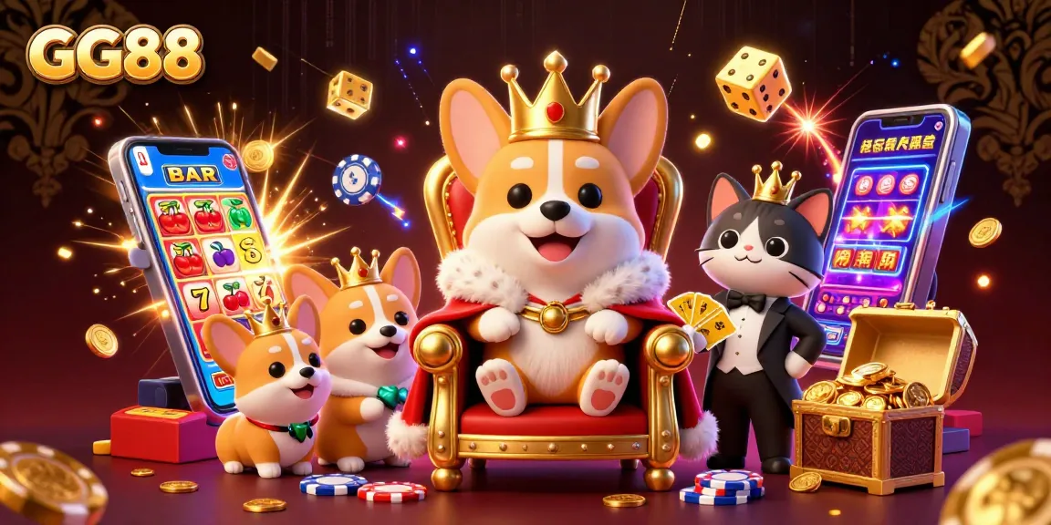Experience the joy of gambling with GG88, illustrated by a royal corgi on a throne of poker chips amidst joyful casino elements.