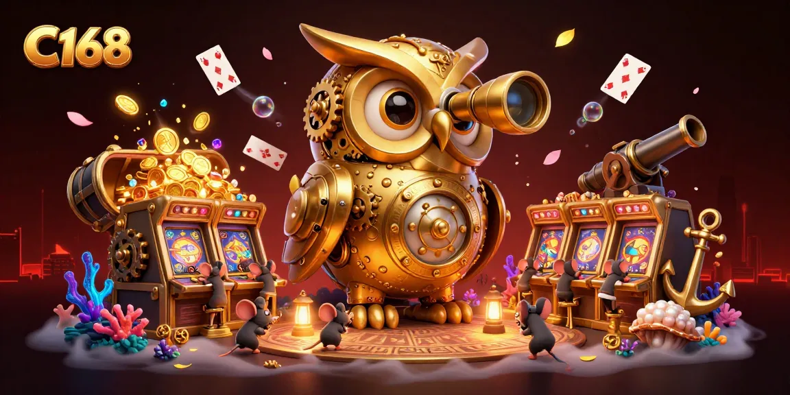 C168 showcases a magical casino scene with a clockwork owl and treasure elements engaging players.