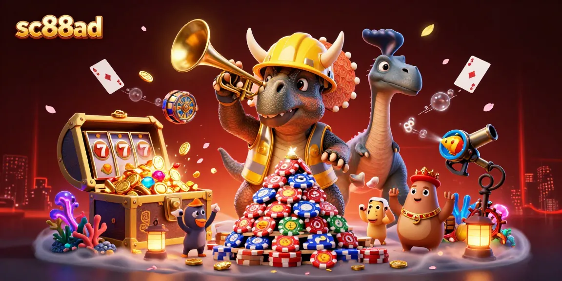 Engage with sc88ad's vibrant casino scene showcasing playful dinosaur characters celebrating a poker game.