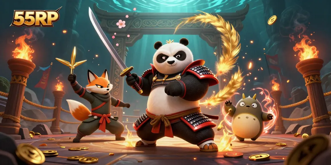 Experience exhilarating moments with 55RP, featuring vibrant samurai panda and ninja fox in a dynamic casino scene.