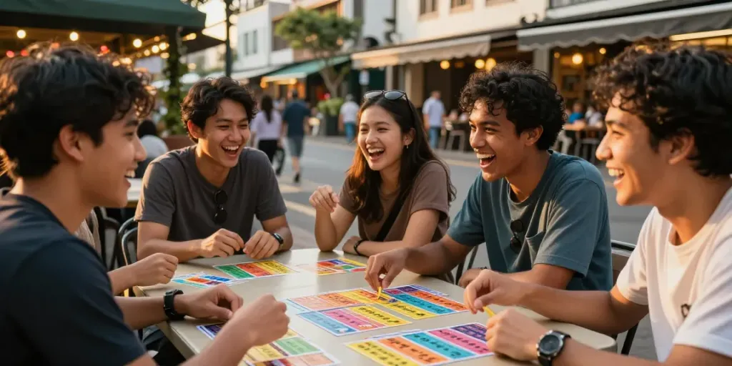 Friends enjoying Bandar Togel outdoors with colorful betting slips and urban street backdrop.