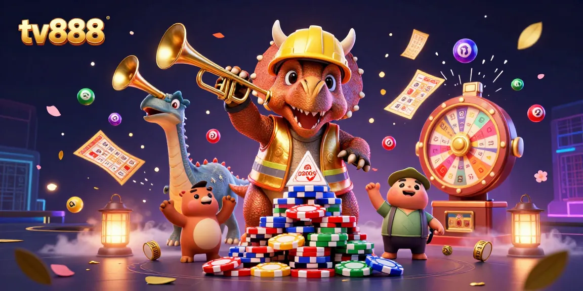 Win exciting prizes with tv888 in a colorful casino adventure featuring a triceratops and a parasaurolophus.