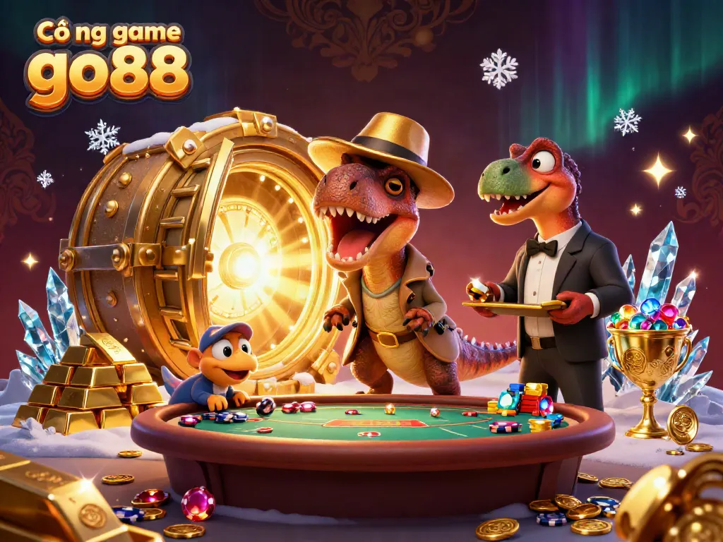 Cổng game go88 showcases a velociaptor card counter, suspicious stegosaurus, and pickpocket amidst a vibrant casino scene.
