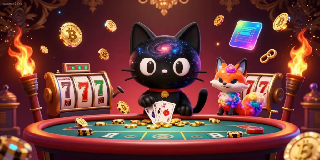 Mengakses kakislot88 link dengan kucing lubang hitam kartun yang menggerakkan chip emas di meja kasino.