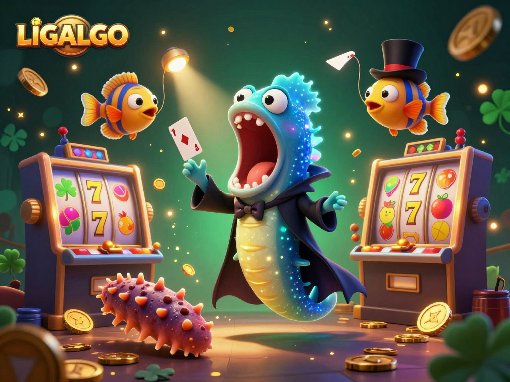LIGALGO showcases a lively casino scene with a magical eel and anglerfish amidst vibrant slot machines and golden coins.
