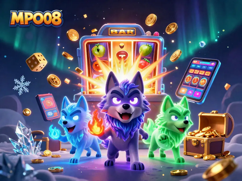 MPO08 showcases an enchanting scene with ghostly wolves and a dynamic slot machine, emphasizing gaming excitement.