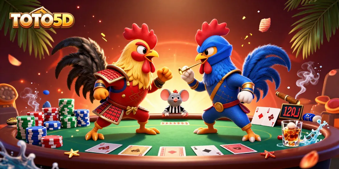 Gambarlah pertarungan TOTO5D antara ayam jantan di arena kasino yang penuh warna dan elemen permainan.