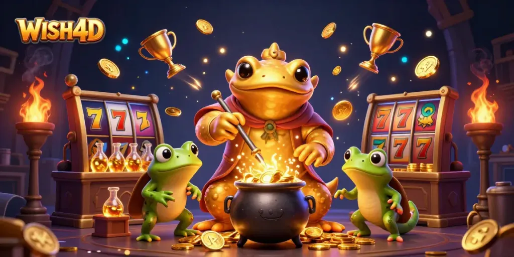 Experience the thrilling WISH4D slot gaming with enchanted visuals of coins and magic elements.