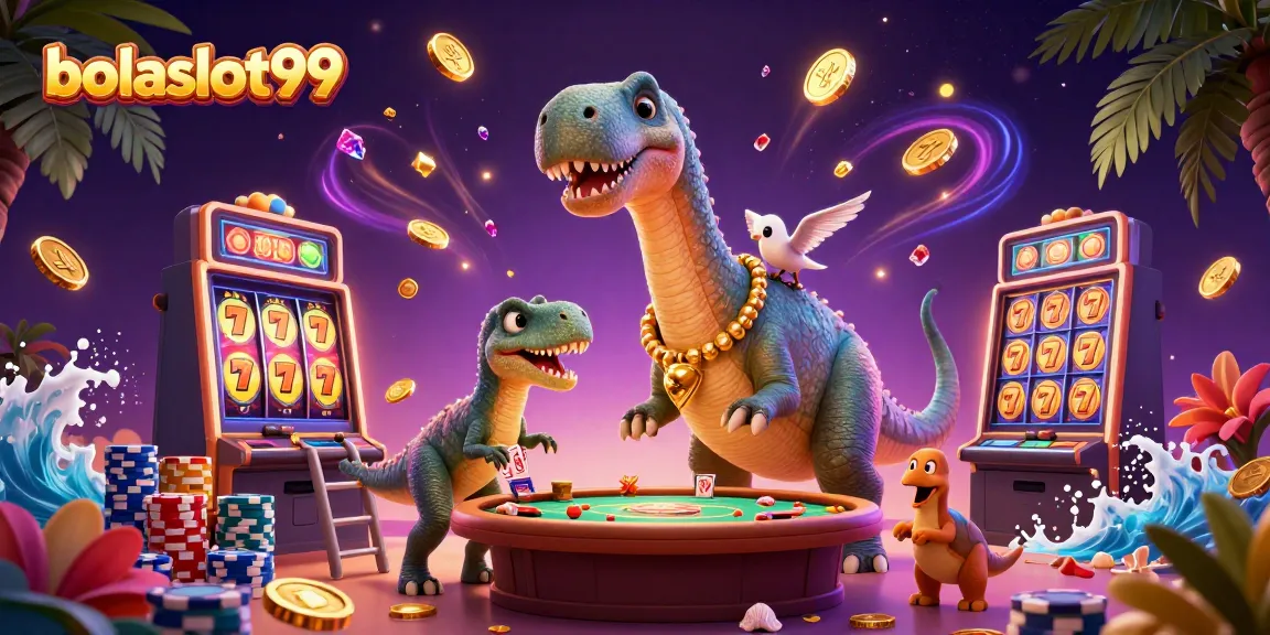 Bolaslot99 showcases a vibrant casino scene with a towering brontosaurus and raptor dealer surrounded by slot elements.