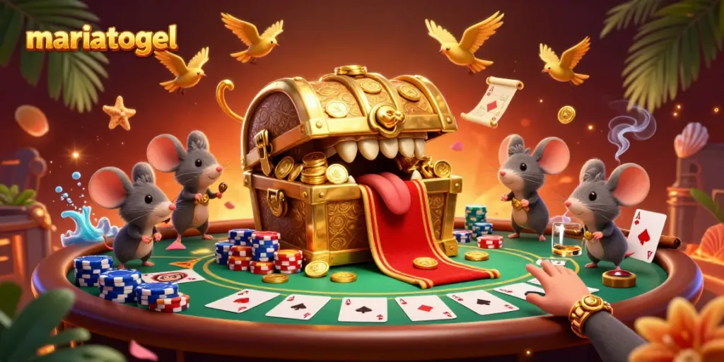 Experience the thrill of mariatogel with a prized treasure chest and poker scene in vibrant detail.
