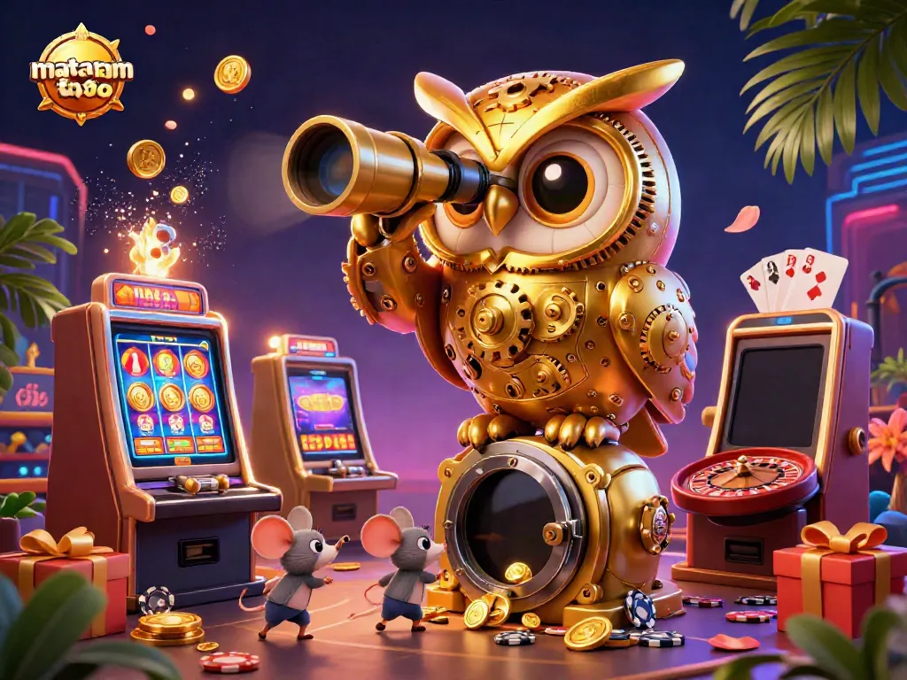 Experience thrilling games at mataram toto with a 3D owl observing a lively casino floor.