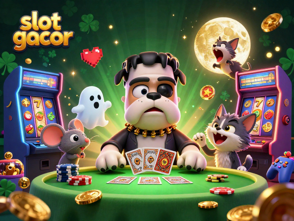Slot gacor ditampilkan dengan karakter unik anjing Frankenstein bermain kartu di meja berlampu hijau, dikelilingi mesin slot dan koin emas.