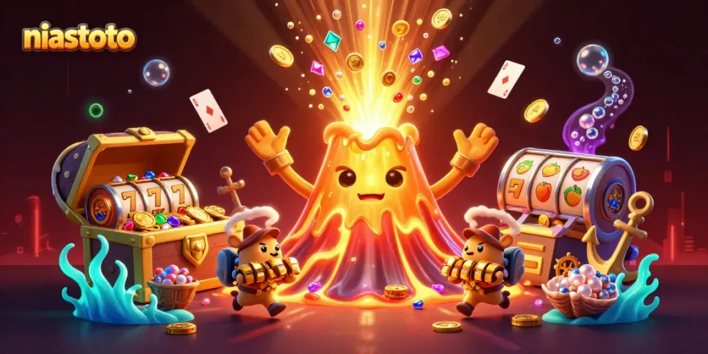 Niastoto menghadirkan slot bertema dengan karakter gunung berapi emas dan harta karun menarik.