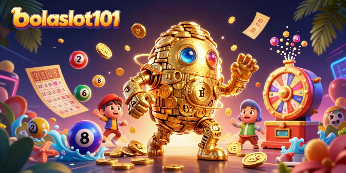 Experience thrills with bolaslot101 in this vibrant casino scene featuring golden golem and dynamic lottery elements.