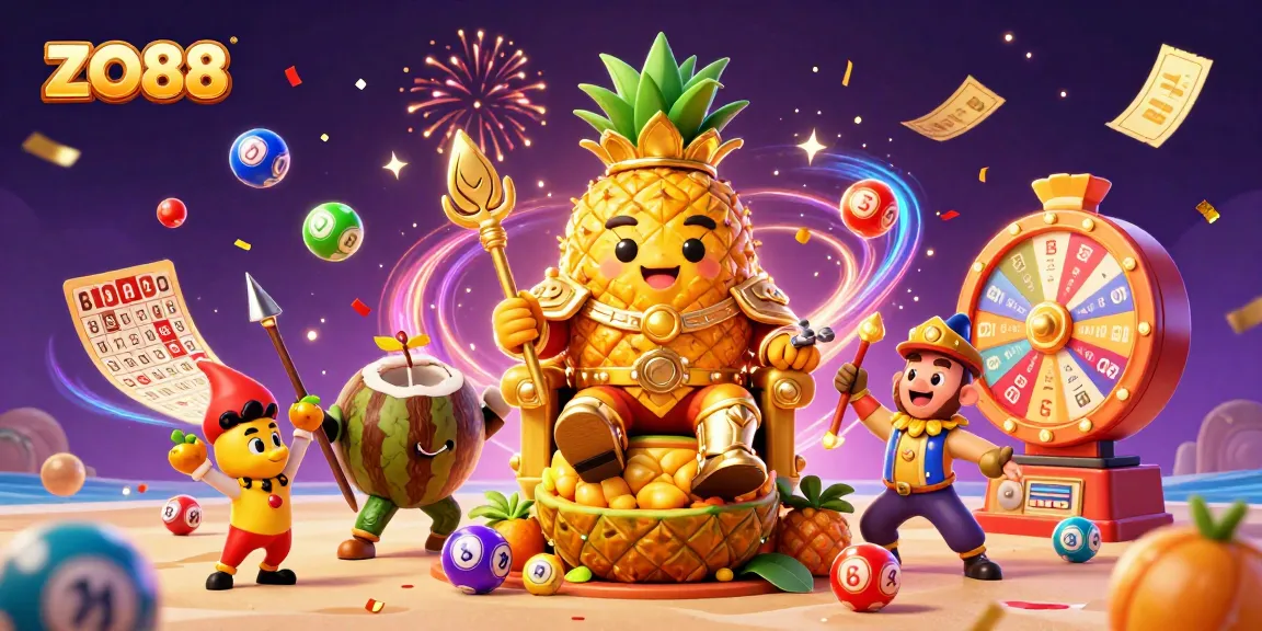 Enhance your winnings at zo88 with a vibrant illustration of a golden pineapple king and dynamic gaming elements.