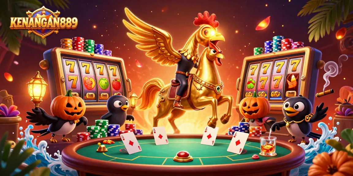 Experience thrilling action at KENANGAN889 with a golden rooster riding a spectral horse in a vibrant casino scene.