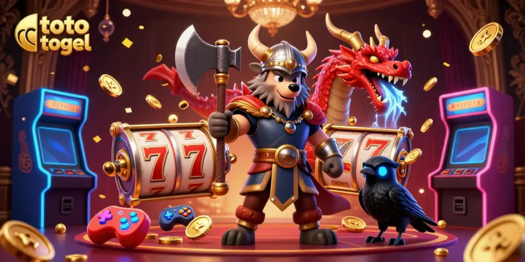 Experience the thrill of toto togel with dynamic gaming elements, a Viking warrior, and vibrant visuals.